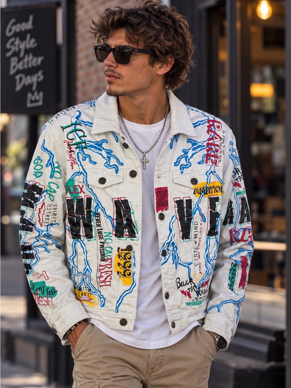 White Graffiti-Print Denim Jacket with Blue Lightning Accents